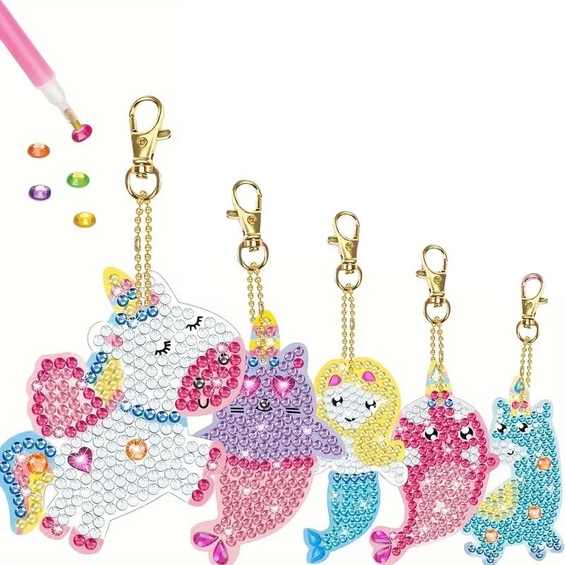 PATPAT® 5Pcs DIY Unicorn Diamond Painting Keychain Material Kit Cute Color Mermaid DIY 5D Diamond Art Keychain Material Kit Acrylic DIY Unicorn Diamond Painting Keychain Charm Bag Pendent