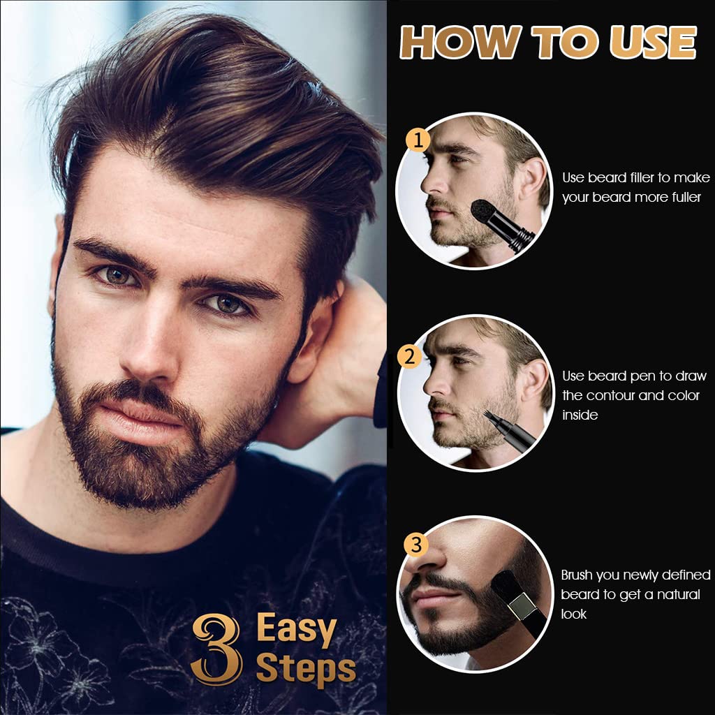 HASTHIP Beard Pencil Filler Kit for Men with Powder Brush and 4 Fork Tip | Dark Brown