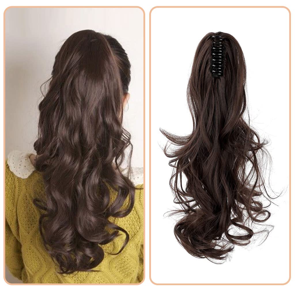 MAYCREATE Long Ponytail Hair Extension for Women with Clip Claw | 22 Inch Brown Synthetic Curly Hairpiece