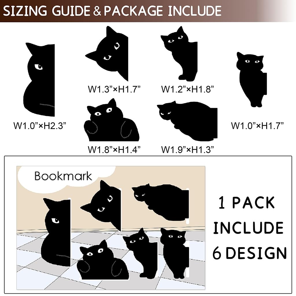 ZIBUYU Black Cat Magnetic Bookmarks 6 Pc Set with Secure Fold Over Magnets for Readers | Cute Kawaii Page Markers for School and Office Use