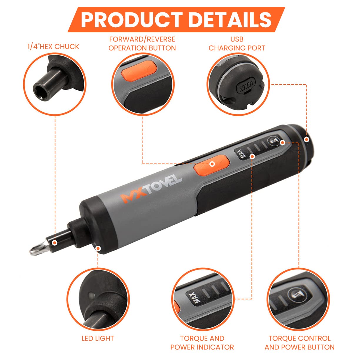 Verilux Handheld Electric Screwdriver Kit - 4V Cordless Electric Screwdriver, LED Work Light, 26 pieces Screwdriver Bits, Screw Adapter, Tool Case, USB C Cable, Power Screwdriver(Grey)