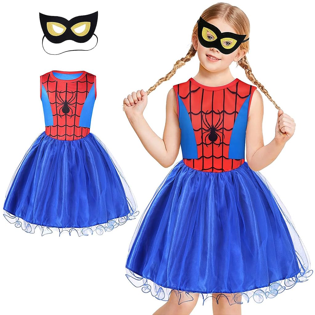 Venzina® Spiderman Costume Suit for Girls, Spider-man Dress with Mask Set, Superhero Spider-Girl Princess Fancy Dress for Kids 3-4 Years Old Cosplay Party