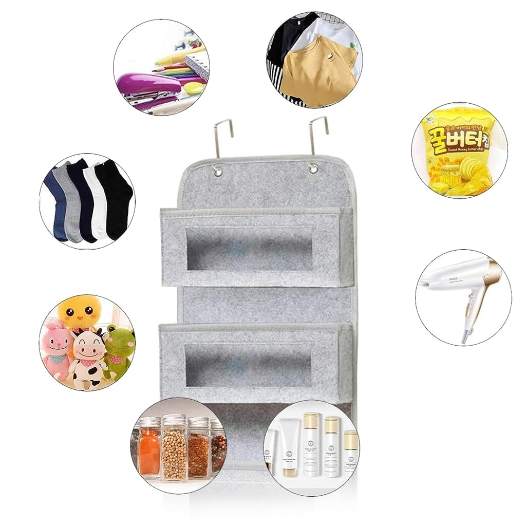 HASTHIP® 4-Shelf Over The Door Organizer, Simple Houseware Over Door/Wall Mount 4 Clear Window Pocket Organizer, Grey