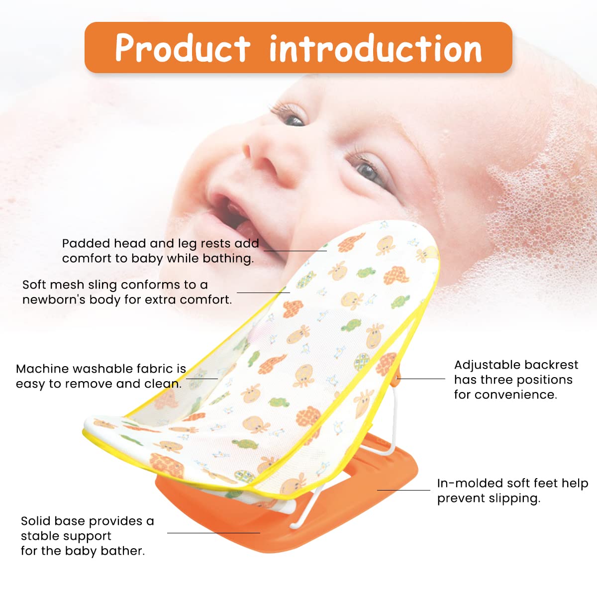 SNOWIE SOFT Baby Bath Chair for 0–2 Years with 3 Recline Heights and Soft Mesh Seat | Foldable Adjustable Bather