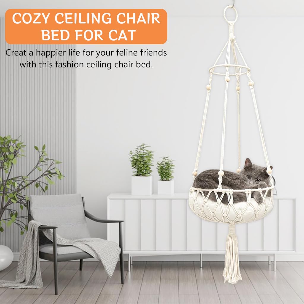 Qpets® Ceiling Chair for Cat, Hanging Cat Bed Hanging Chair Bed for Pet Fashion Woven Boho Style Hanging Bed for Pet Ceiling Rest Bed for Pet - 47.2 inches