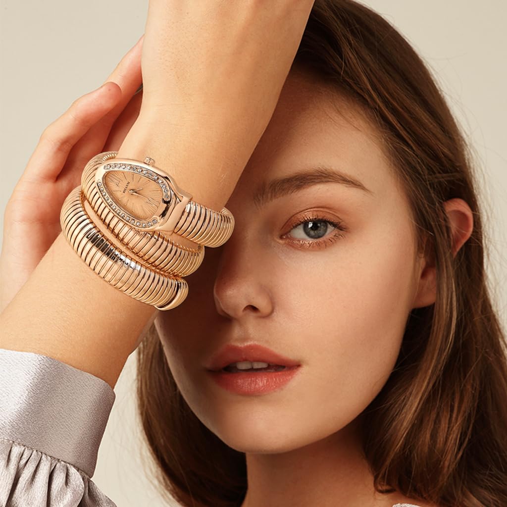 SANNIDHI Serpentine Wrap Wristwatch for Women with Quartz Movement and Rose Golden Coiled Stainless Steel Bracelet | 3 PCS Jewelry Gift