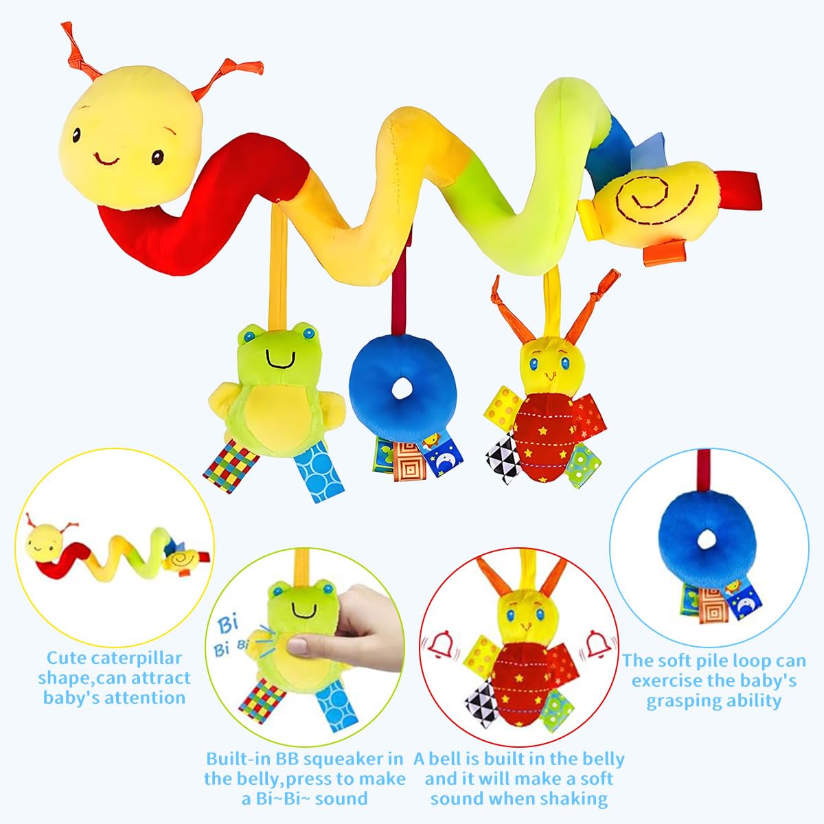 Snowie Soft Stroller Toy for Pram and Car Seat with Mirror and Sensory Spiral | Multicolor Baby Activity Toy