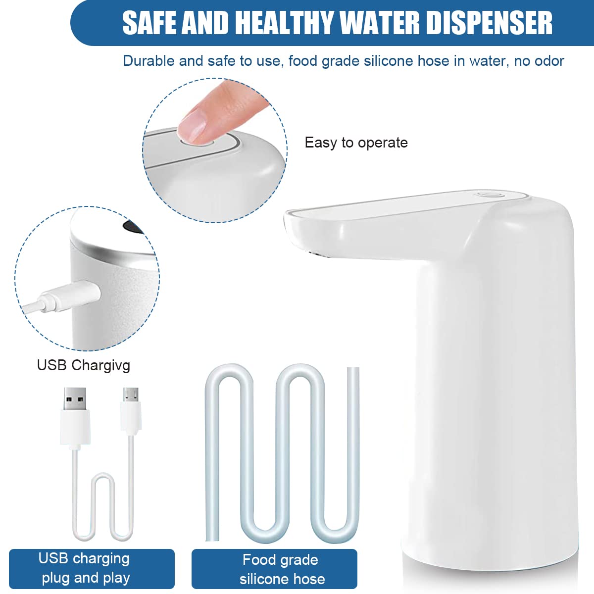 Supvox® Automatic Water Dispenser Pump - Portable Can Water Dispenser Pump with USB Rechargeable Battery Suitable for Water Can with A 2.16-Inch (5.5cm) Neck for Home,Office,Outdoor Etc