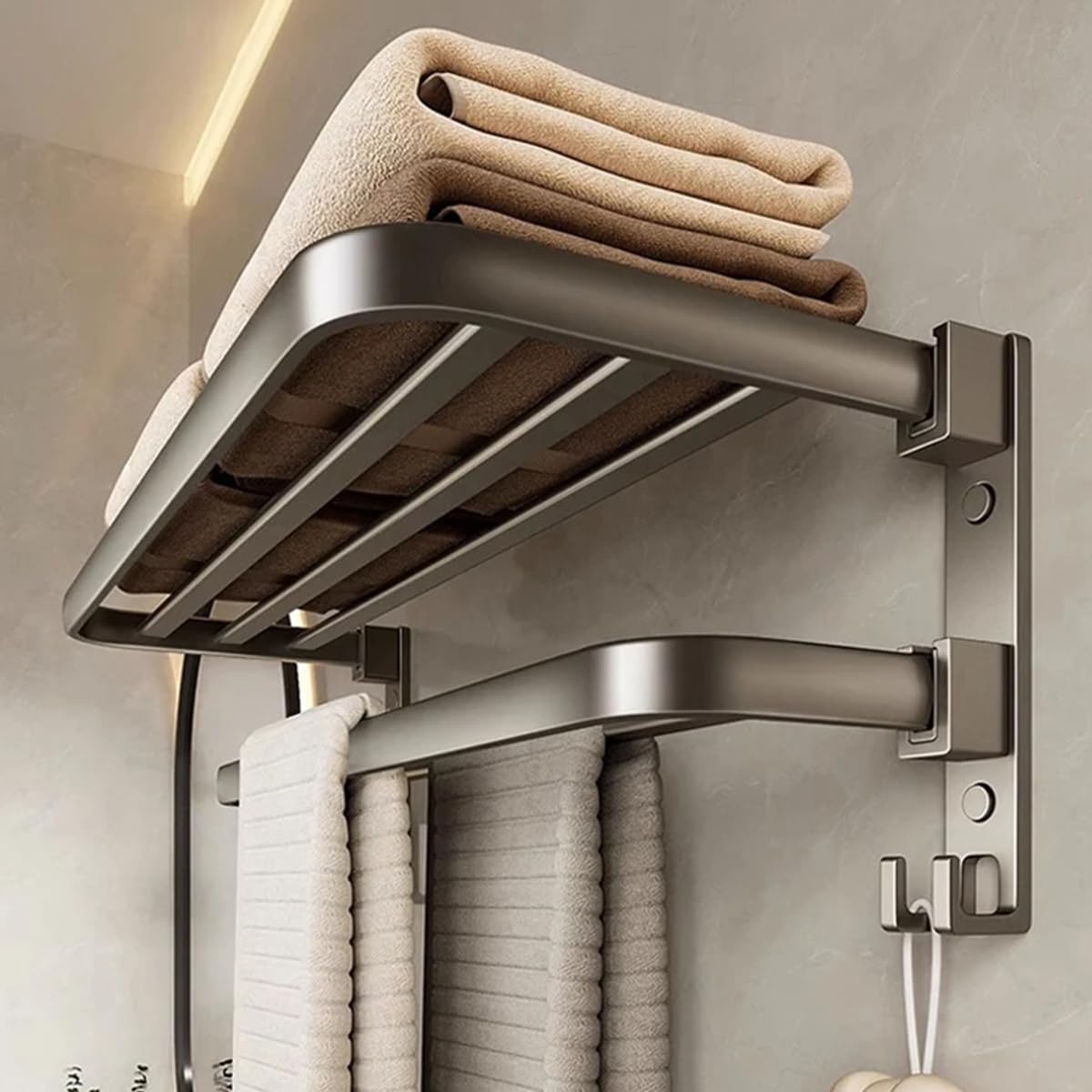 HASTHIP Aluminum Folding Towel Rack for Bathroom with Dual Layer 23.6 in Shelf | Matte Black Organizer