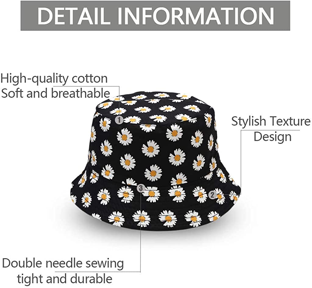 PALAY® Bucket Hats for Women Little Daisy Print Cotton Fisherman Beach Hats Foldable Reversible Bucket Outdoor Casual Summer Sun Hat for Ladies Girls Cap (Black)