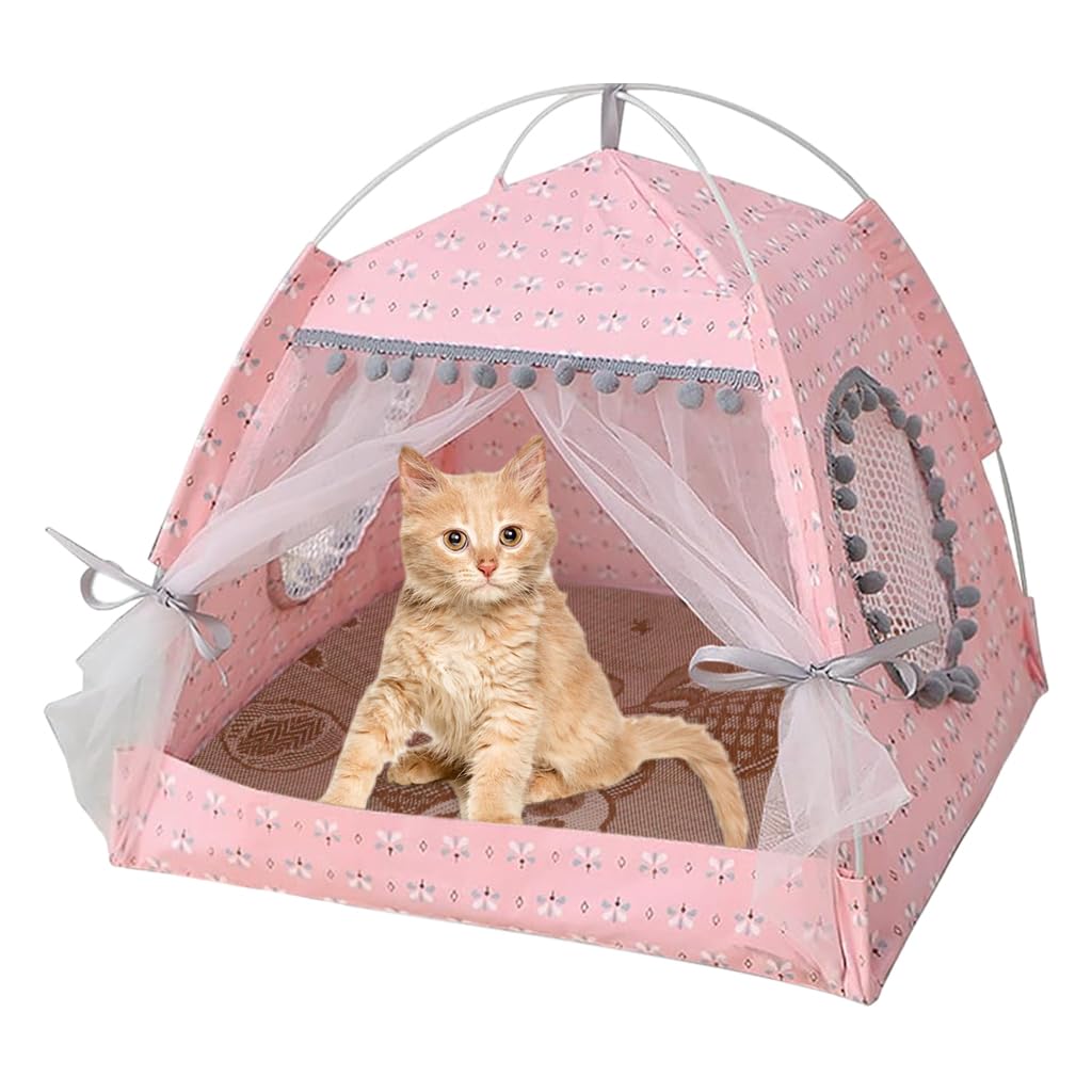 Qpets® Pet Princess Tent House, Lace Cat Bed Tent Dog House Print Cat House with Breathable Matress, Easy Assembly Folding Cat Princess Tent House for Small Medium Dogs Cats