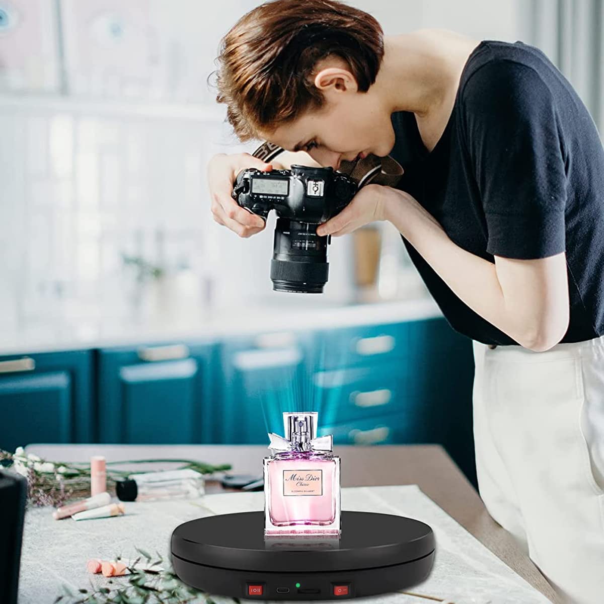 Supvox Rotating Display Stand for Photography with LED Lights and 360° Adjustable Speed | 9.8 in USB Turntable