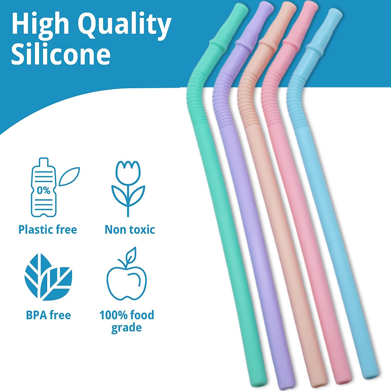 HASTHIP® 5Pcs Silicone Straws, Reusable Silicon Straws, Colorful Flexible BPA Free Foodgrade Silicon 8.4Inch Portable Straws for 20 oz 30 oz Water Glasses with Cloth Bag and Cleaning Brush