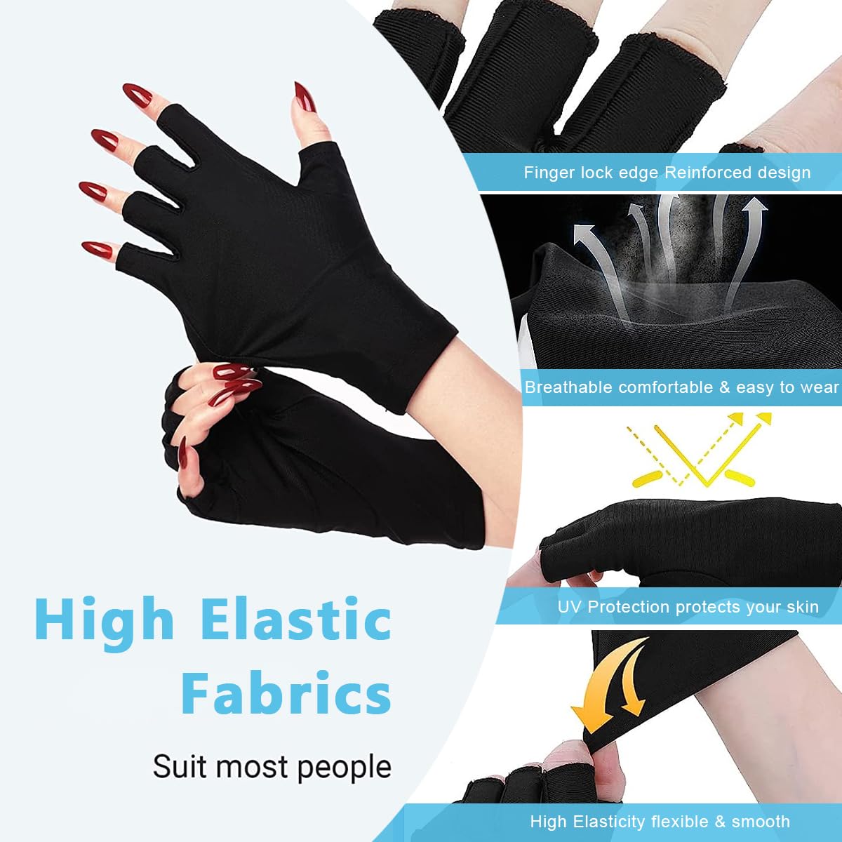 MAYCREATE® Nylon Anti Uv Gloves For Gel Nail Lamp,Professional Upf50+ Uv Protection Gloves For Women Manicures,Nail Art Skin Care-Stretchy&Fingerless,Protect Hands From Uv Harm (Black),Pack of 2