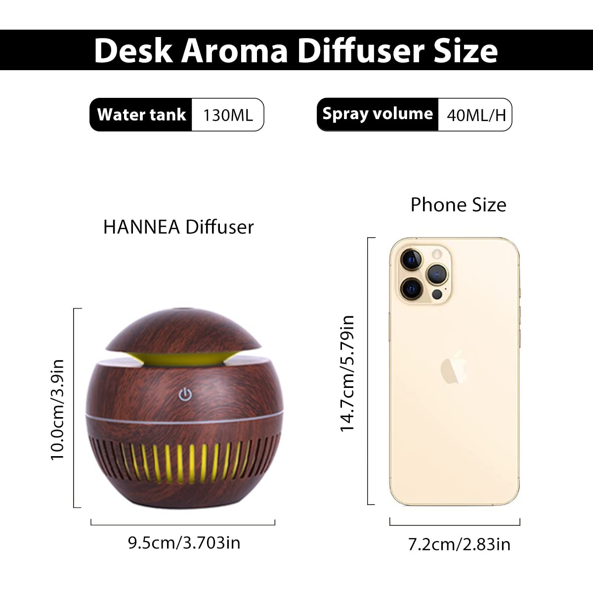 HANNEA Humidifier for Room featuring Smart Touch Switch and 7 Color LED Light | 130ML Wood Grain USB Aroma Diffuser