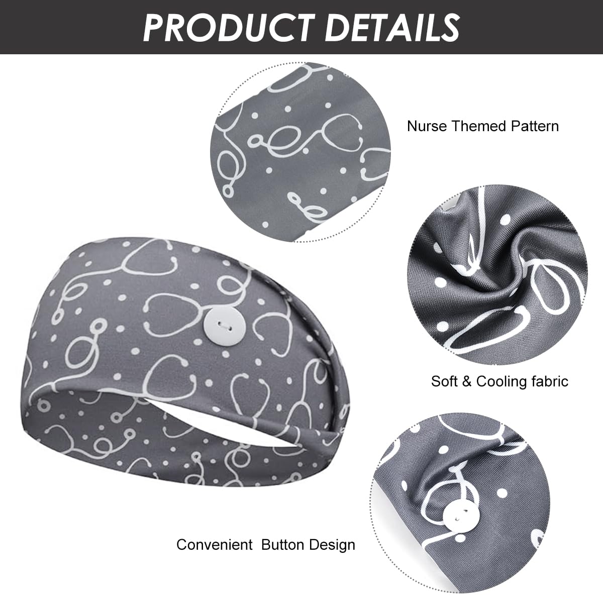 HANNEA Headbands for Surgeon and Nurse with Mask Loop Buttons and Fashion Prints | 3Pcs Set