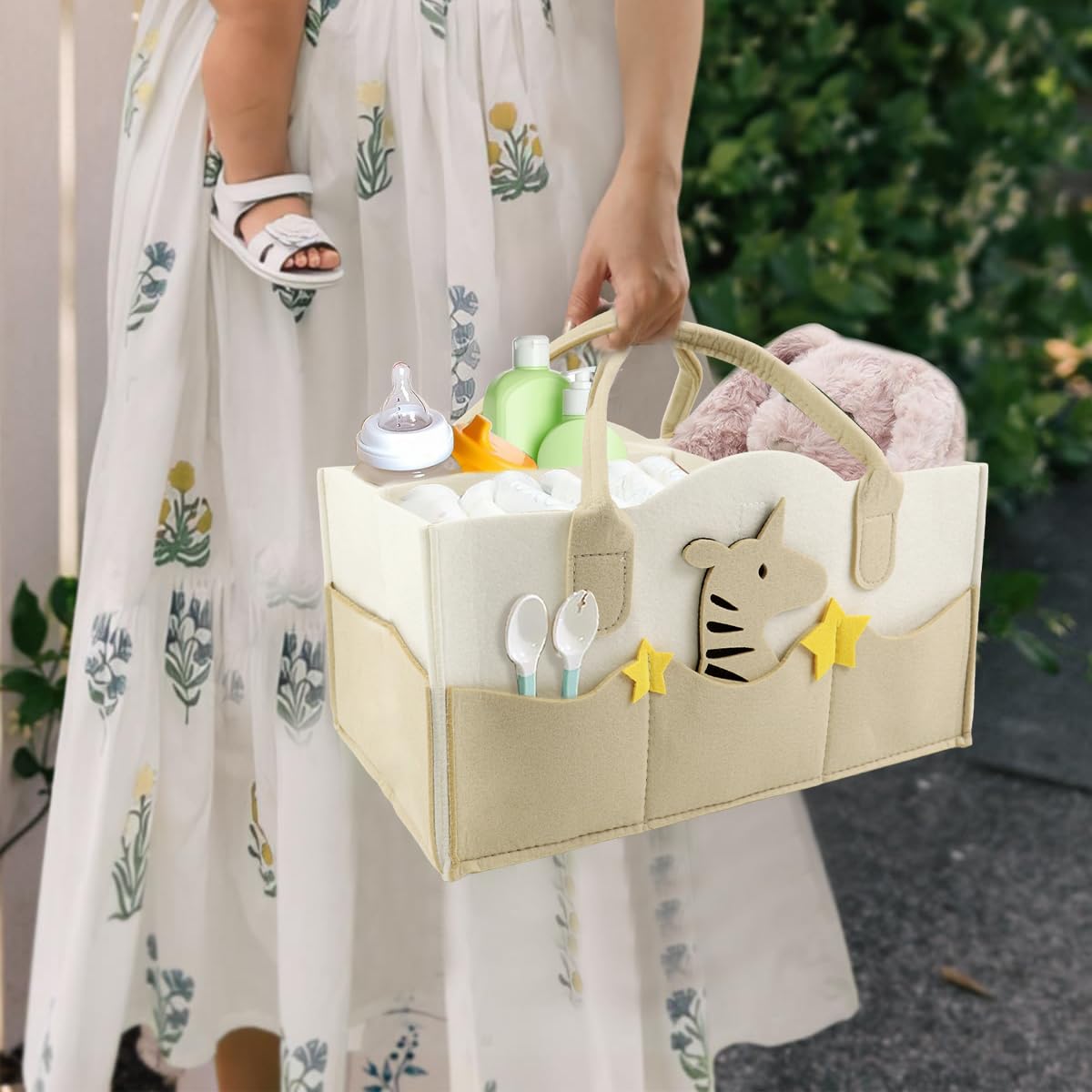Zibuyu Baby Diaper Caddy Organizer with Multi Compartments and Felt Handle | Portable Nursery Storage Basket