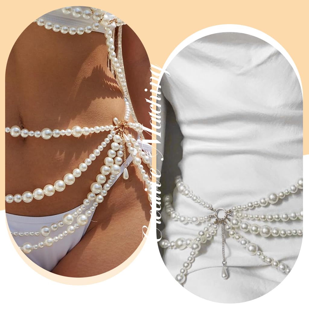 SANNIDHI Pearl Waist Chain for Women featuring Multi Layer Beaded Design and 9.8 in Extension | Elegant Accessory for Dresses and Beachwear