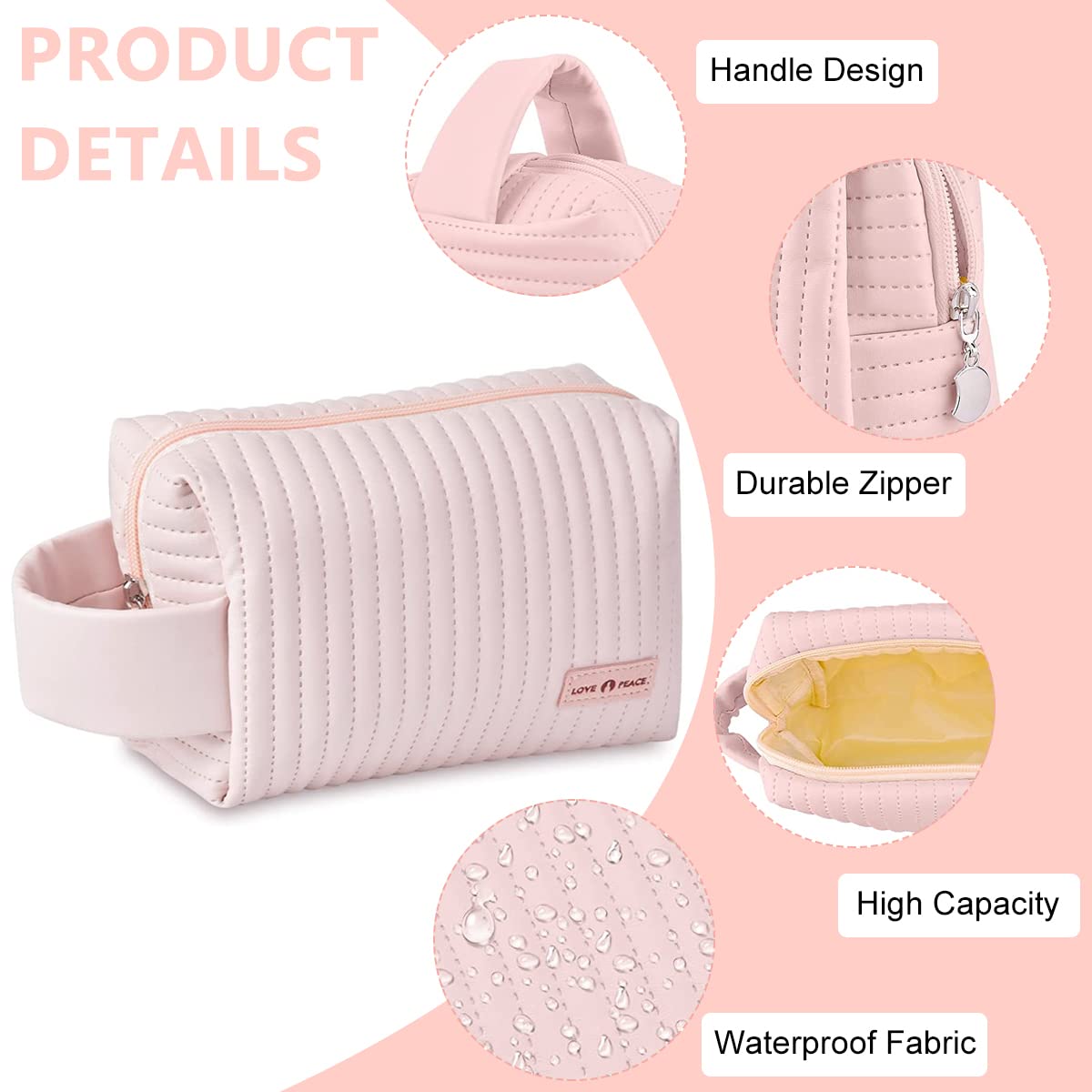 MAYCREATE Makeup Bag for Travel with Full Open Zipper and Handle 18×7.5×12.5cm Pink | PU Leather Toiletry Organizer for Women