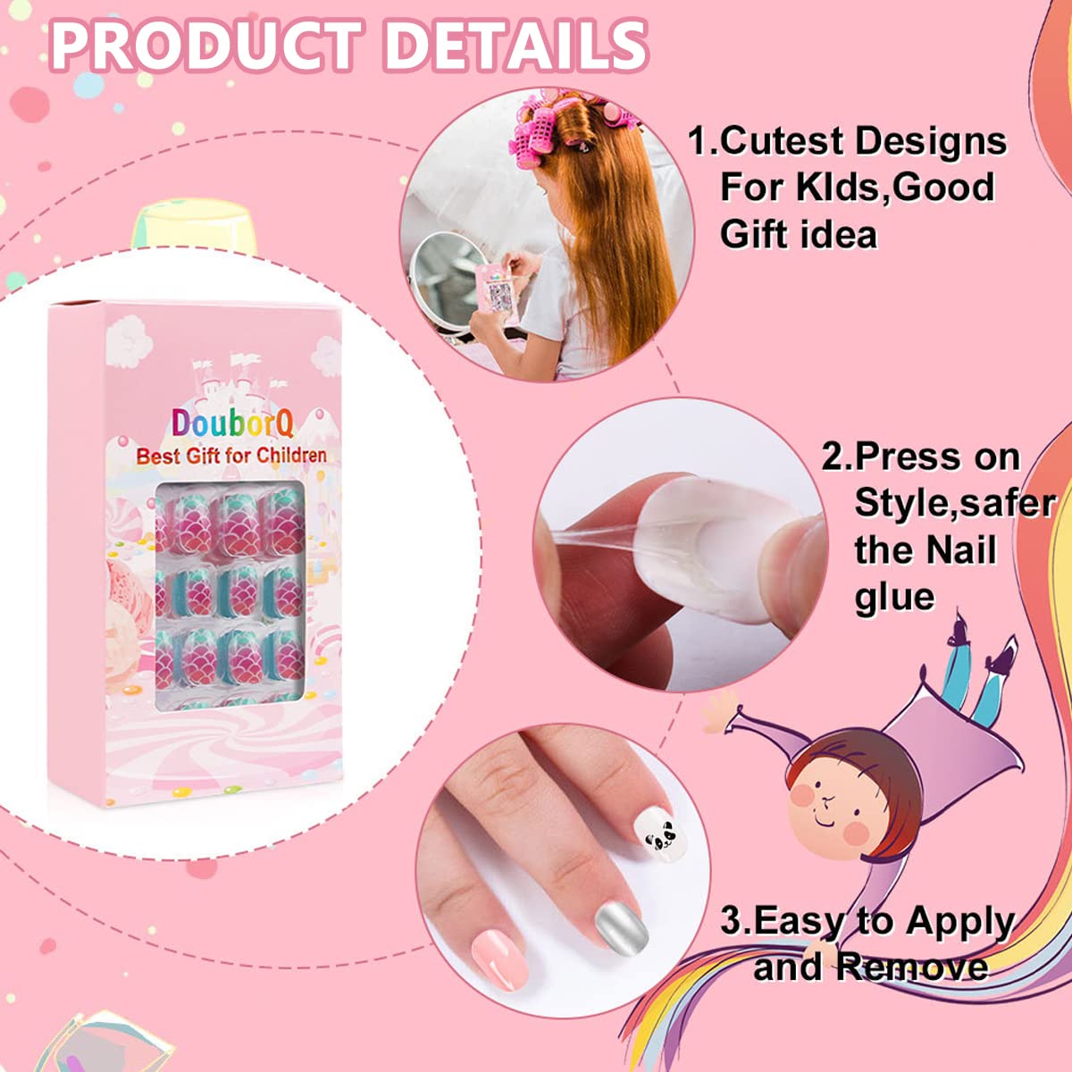 MAYCREATE® 120pcs Nail Art Kit for Kids, Children Fake Nails Artificial Nail Tips Girls Full Cover Short False Fingernails for Kids Little Girls Nail Art Decoration, Set of 5