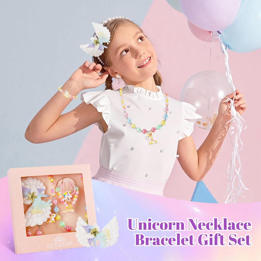 MAYCREATE Unicorn Necklace Set for Girls with Rainbow Beads and Bracelet 2 Pcs Pink | Birthday Gift