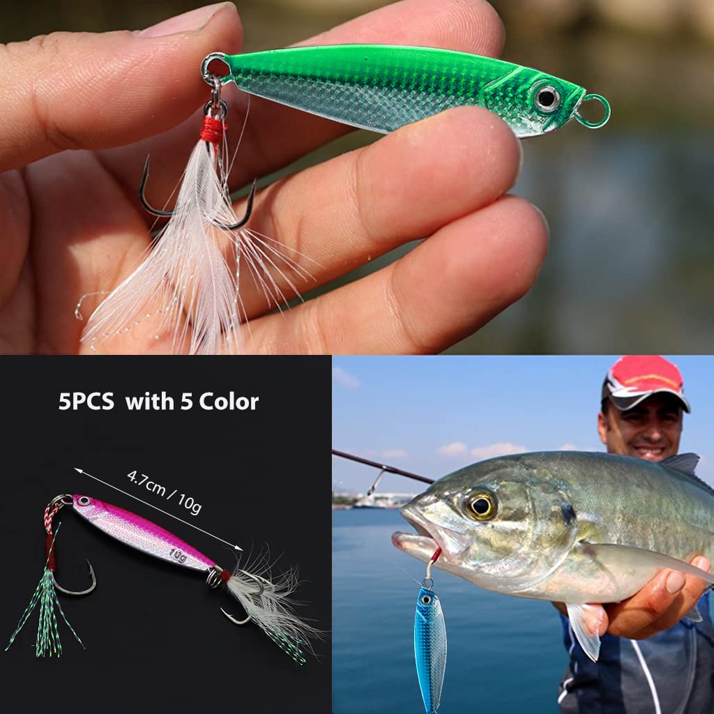 Proberos® 5Pcs Fishing Lures, Dual Hook Metal Lures, Sinking Fishing Lure Bait for Saltwater Freshwater Trout Bass Salmon Fishing, Lifelike Eyes, 5 Colors Fishing Lures of 4.8cm, 10g Per One