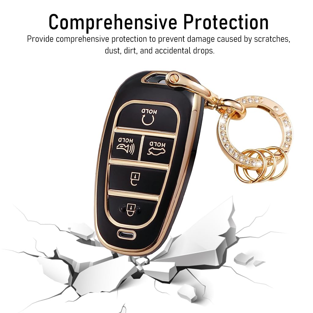 STHIRA Hyundai Car Key Protective Case for 2020–2023 Sonata Santa Fe Tucson with Rhinestone Metal Keyring and Soft TPU Cover Black