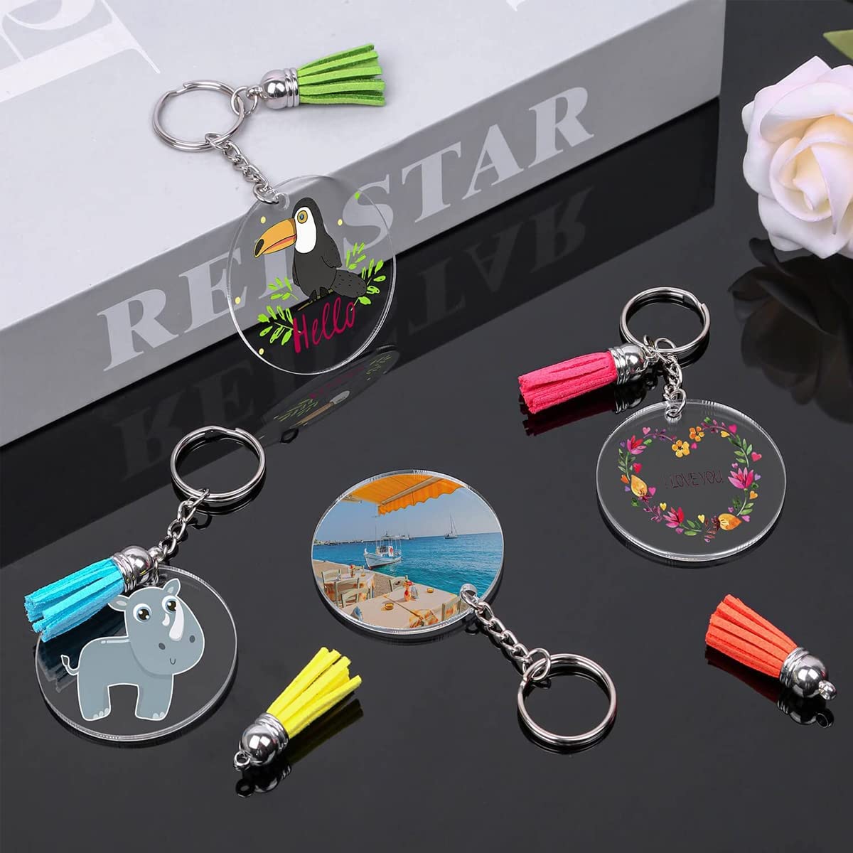 SANNIDHI Acrylic Keychain Blank Circle Kit, 120pcs Clear Keychains Set, Including 30pcs Acrylic Blanks, 30pcs Colorful Tassels, 30pcs Key Chain Rings, 30pcs Jump Rings for DIY Vinyl Crafts