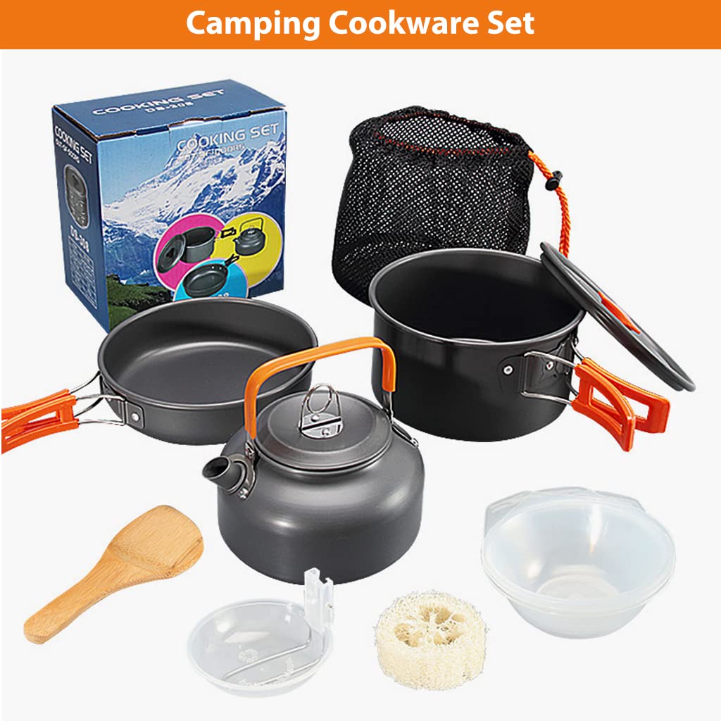 Proberos® 9Pcs Camping Cooking Set with Cookware Bowl Pot Pan and Kettle, Aluminium Camping Cooking Utensils with Portable Bag for Outdoor Camping, Lightweight Camping Accessories for 2-3 People