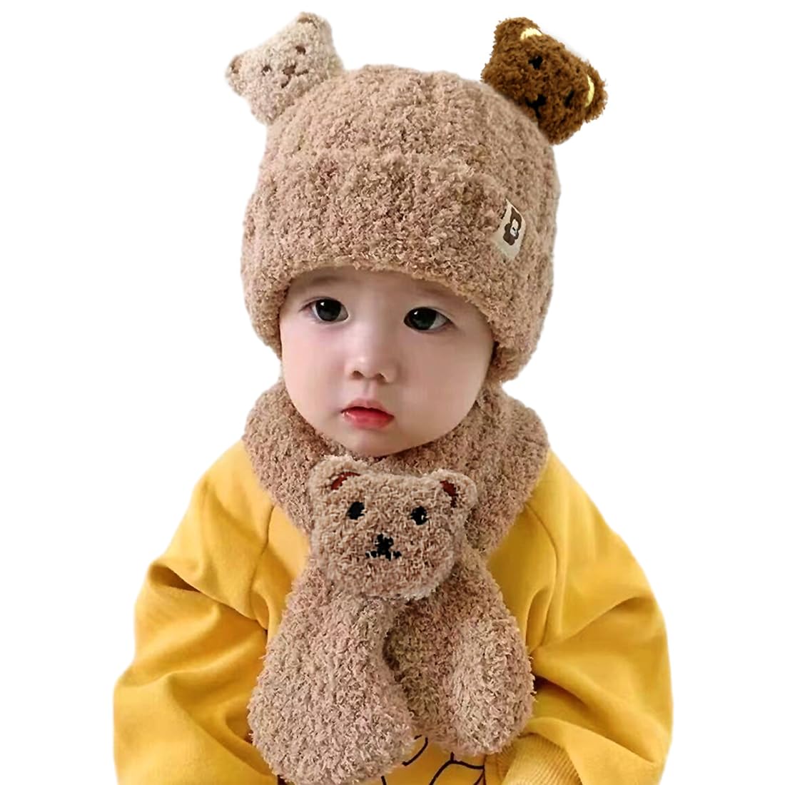 SNOWIE SOFT® Winter Cap for Kids Baby Cap Woolen Cap for Baby Winter Hat Scarf Set, Brown Cartoon Bear Baby Winter Cap for 0 to 3 Year Christmas Gifts