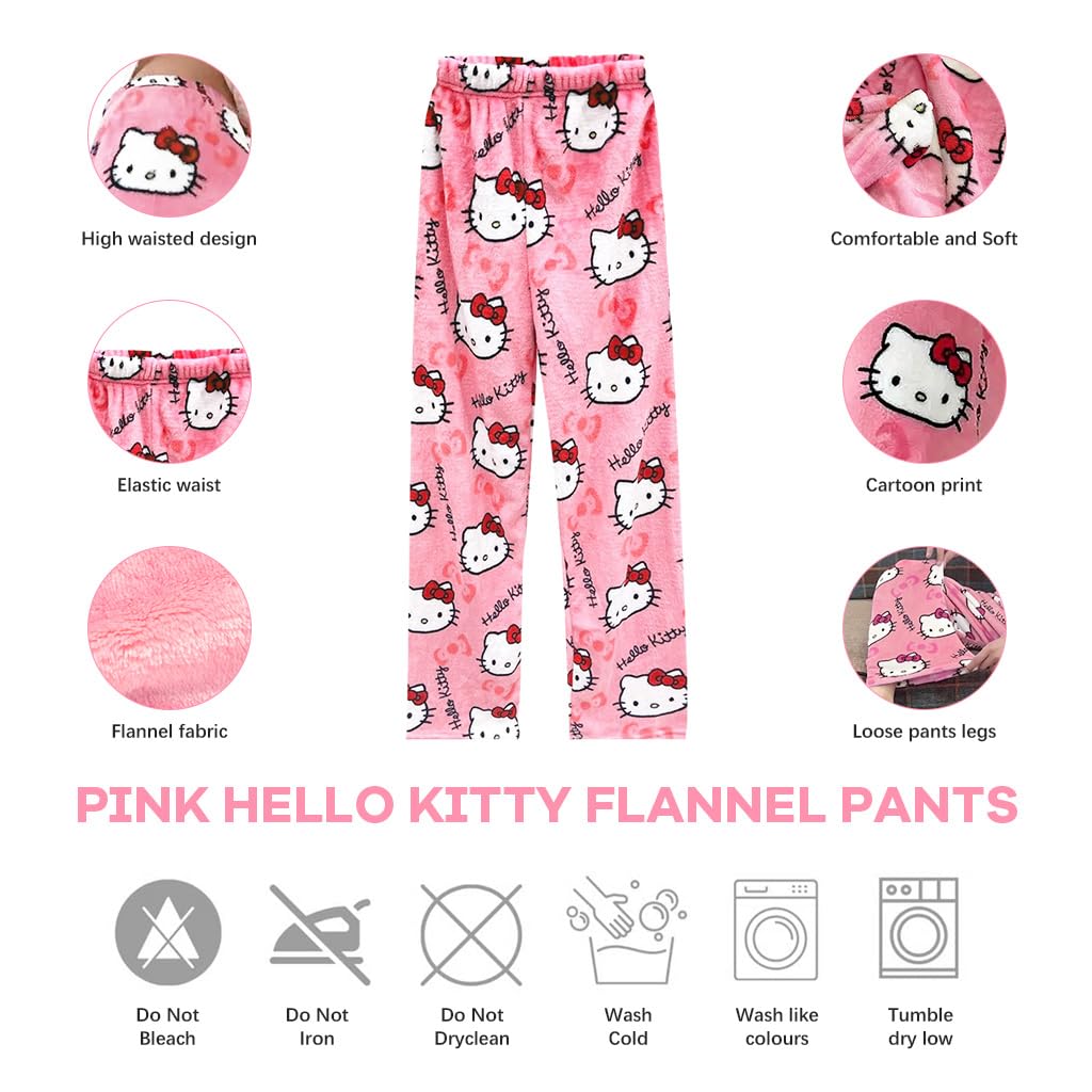 Venzina® Women's Pajamas Bottom Winter Warm Flannel Pink Hello Kitty Home Wear Pants Elastic Waist Warm Plush Trousers Daily Wear Cozy Home Wear Pants, L