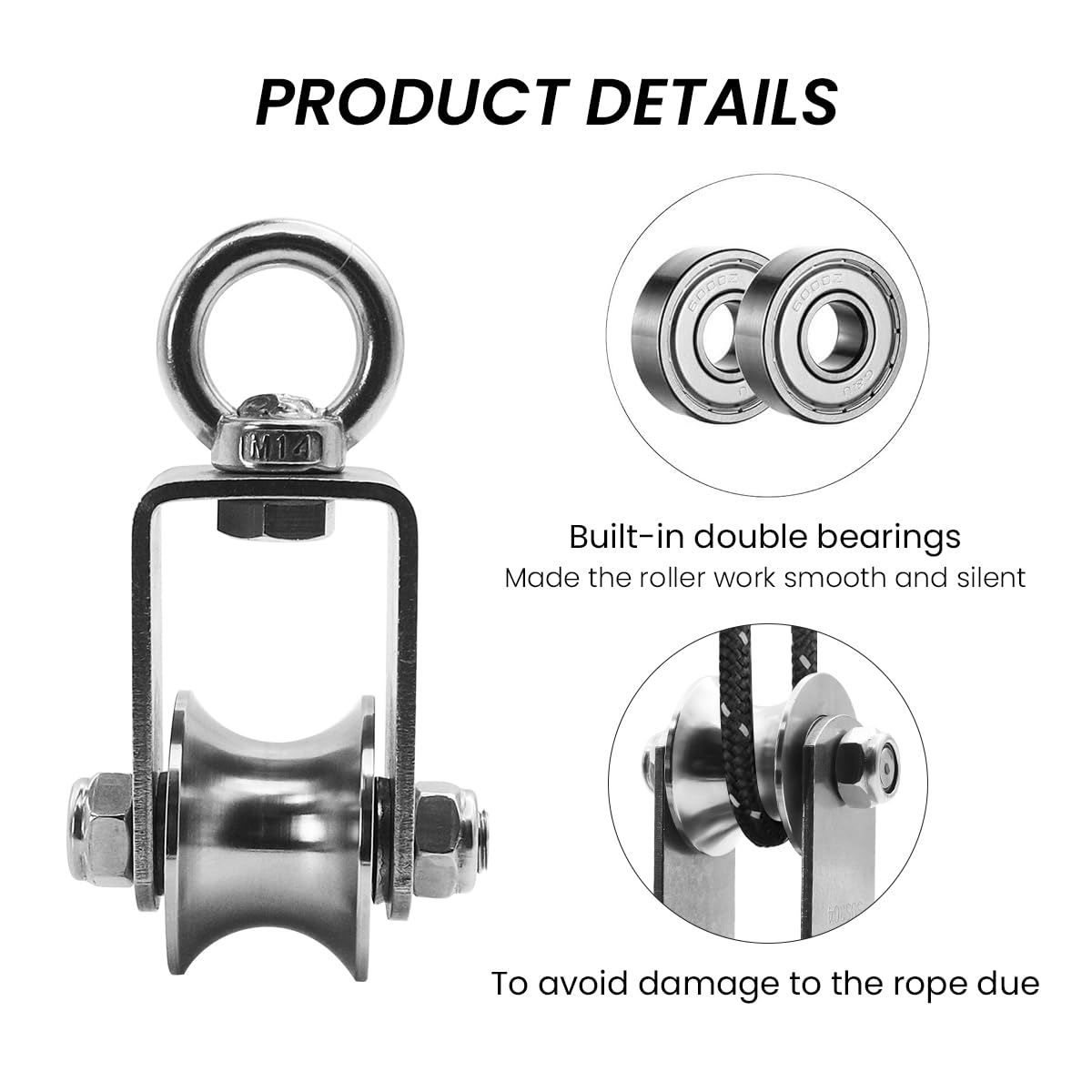 Serplex® Cable Pulley Wheel 304 Stainless Steel Hoisting Pulley Wheel Smooth Bearing Cable Pulley Wheel with Loop 3000lbs High Loading Capacity Hoisting Pulley Wheel for Lifting Mechanism, DIY Crafts