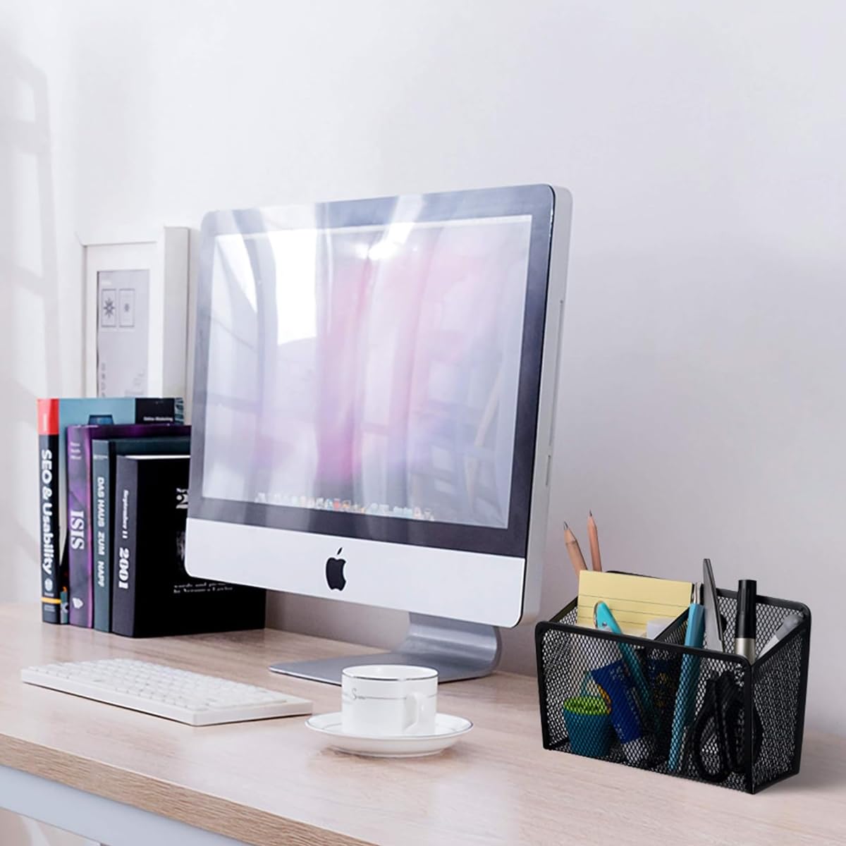 Climberty Magnetic Pencil Holder for Whiteboard with Dual Compartments and 8 Patches | Metal Mesh 18.5x6.8x10cm