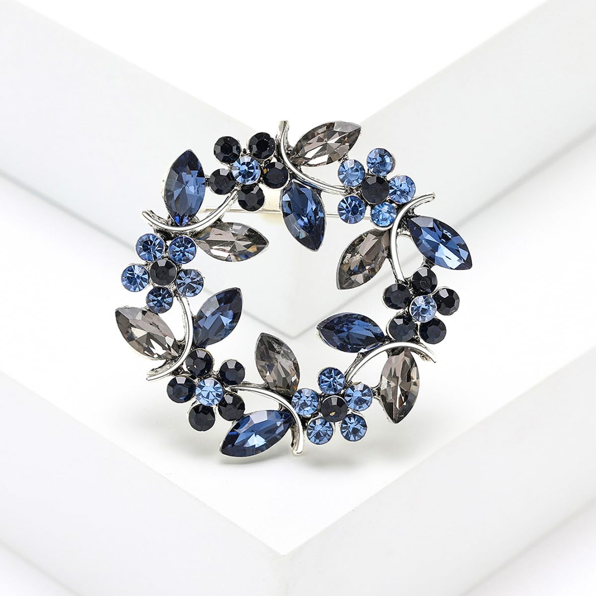 SANNIDHI Flower Brooch Pin for Women featuring Blue and Grey Rhinestone Wreath Design