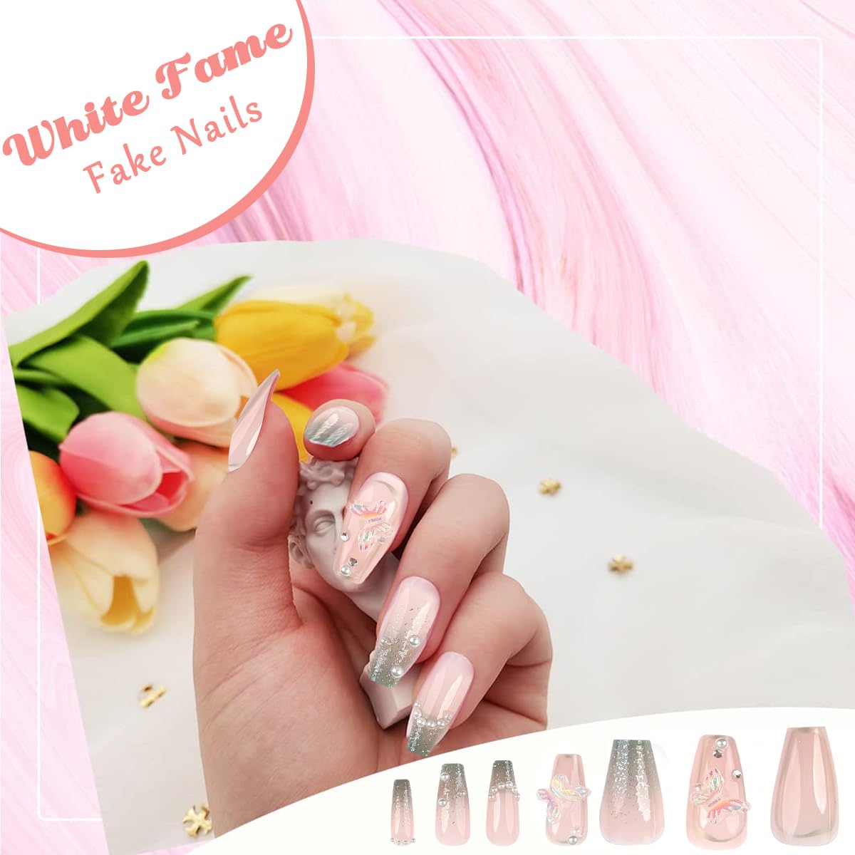 MAYCREATE® 24Pcs French Tip Press on Nails Almond Fake Nails Full Cover Nude with Butterfly Charm False Nails with Rhinestones Design Nails Reusable Artificail Nails for Women, No Glue, Style A