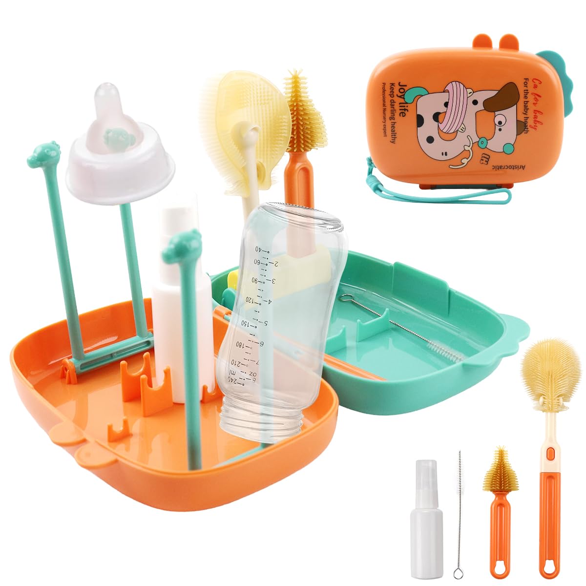 Baby Bottle Cleaning Brush Set with 30ml Spray Bottle and 2 in 1 Storage Case | BPA Free Silicone