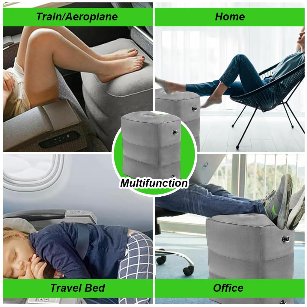 HANNEA Inflatable Foot Rest Pillow for Travel featuring 3 Layer Adjustable Height and Soft PVC Flocking | Portable Comfort for Airplane Office and Home