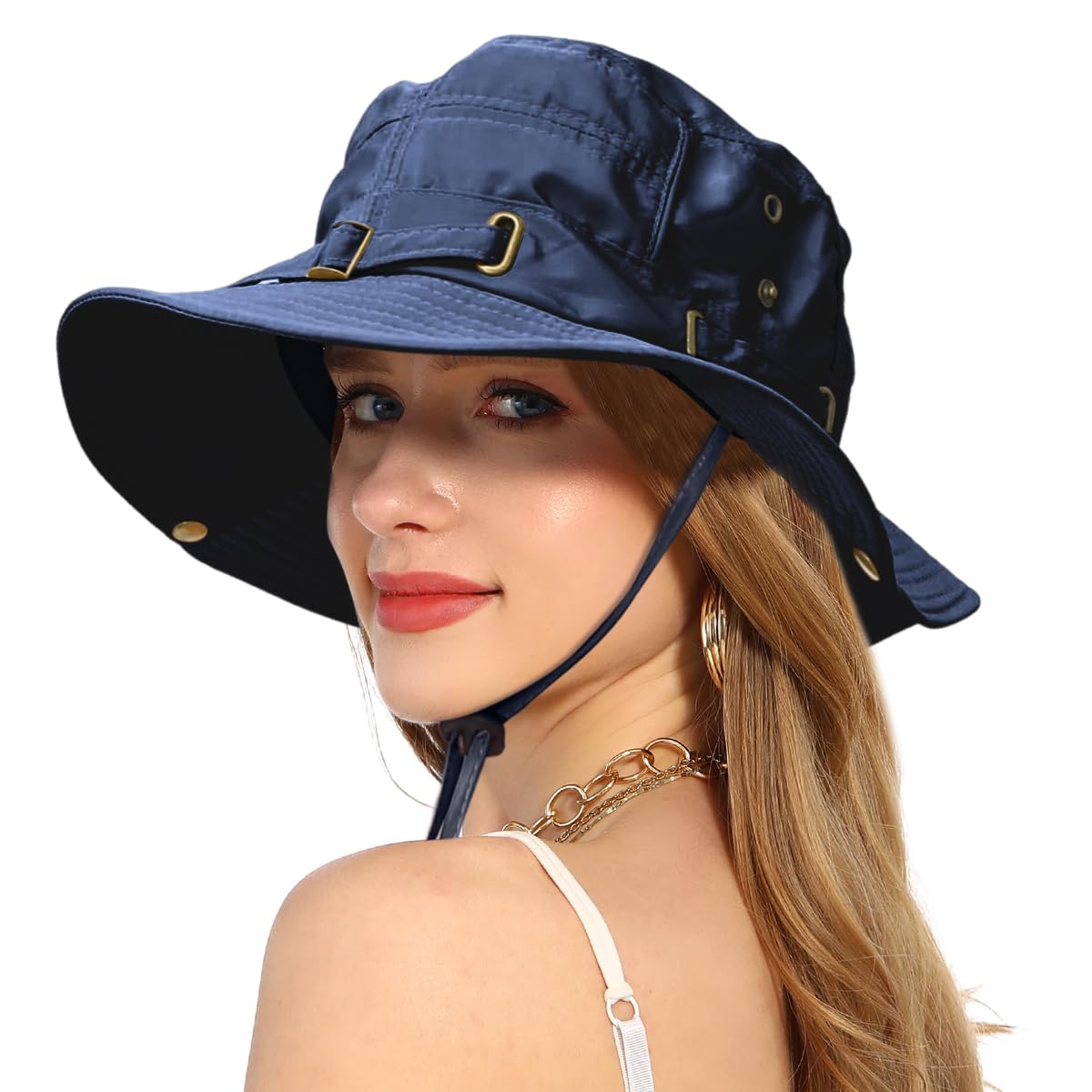 ZIBUYU® Sun Hat for Women Girls Stylish Extra Wide Brim 2 In 1 Cap for Women Summer UV Protection Breathable Round Hat with Adjustable Windproof Strap Beach Hat for Hiking, Fishing, Camping - Navy