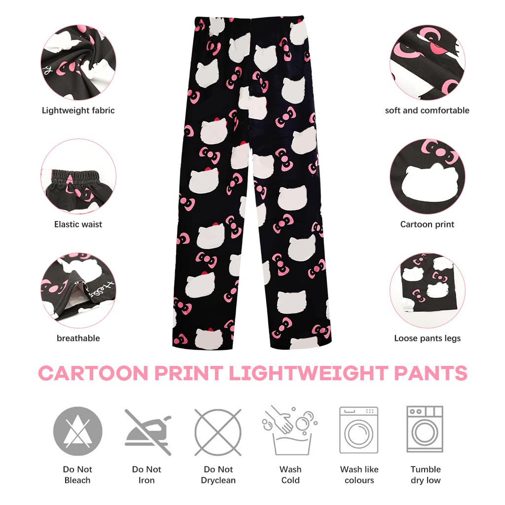 SANNIDHI Pyjama Pants for Women featuring Kawaii Cat Print with Elastic Waist 2XL Black | Soft Polyester Lounge Bottoms