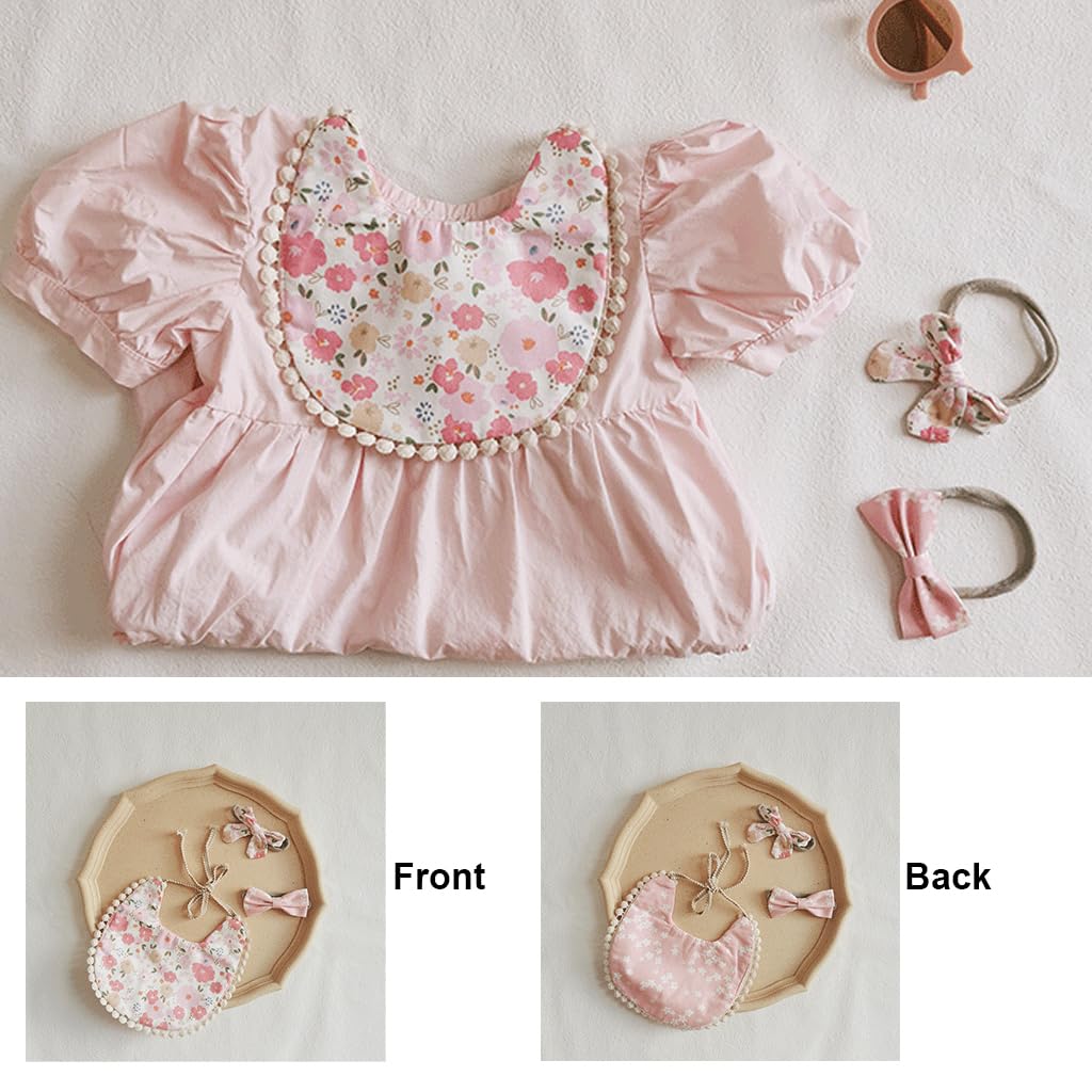 SNOWIE SOFT Feeding Bib Set Flower Print Baby Girls Cloth Drooling Bib with 2Pcs Bow Hairband Hair Bands Tie Back Saliva Bib Baby Bib Washable Bib Baby Bibs for 6 to 12 Months Baby Feeding Products