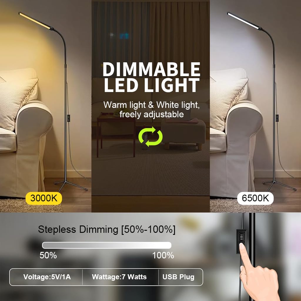 ELEPHANTBOAT LED Floor Lamp for Eyelash Extensions with 68 in Tripod and Flexible Gooseneck | USB Dimmable Light