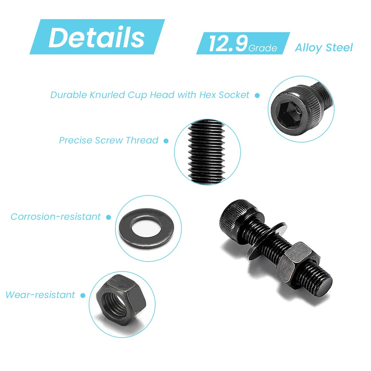Serplex Hex Screw Set for DIY and Machinery with Reinforced Threads 1230 pcs Black Zinc Steel