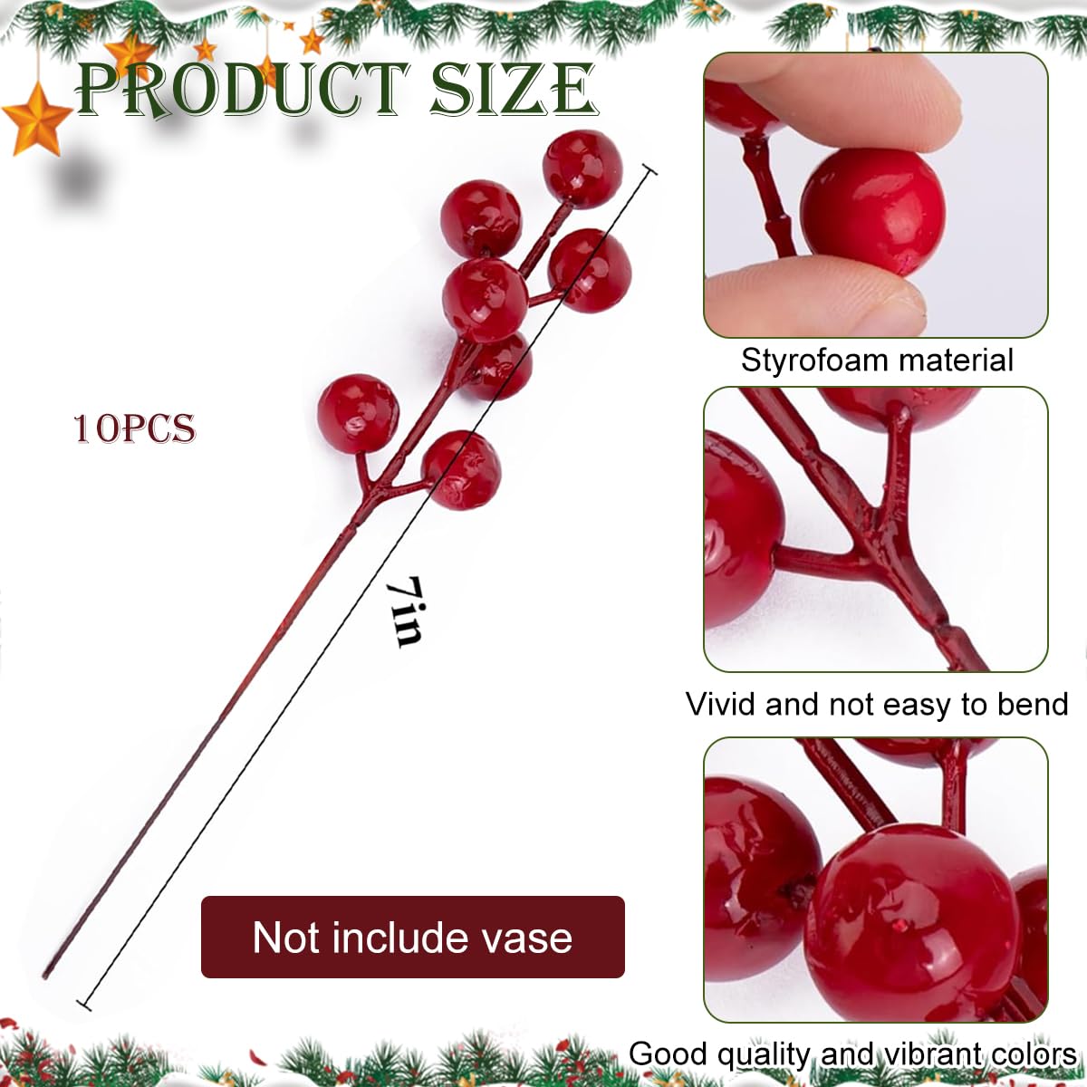 HASTHIP® 35pcs Realistic Pine Branches & 10pcs Red Berry Branches for Christmas Decoration 10inches Pine Needle Branches 7 inches Red Berry Branches for DIY Christmas Realistic Plant Decoration