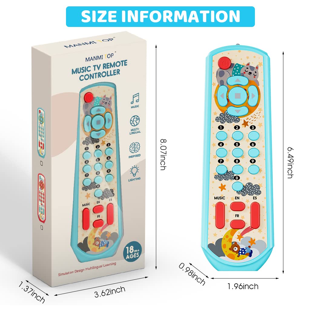 PATPAT Remote Control Toys for Babies Three Language Musical Light Toy Remote, Montessori Learning TV Remote Toy, Soothing Toy, Sensory Toy, Educational Toys for 6 Months+ Toddlers Boys Girls (Blue)