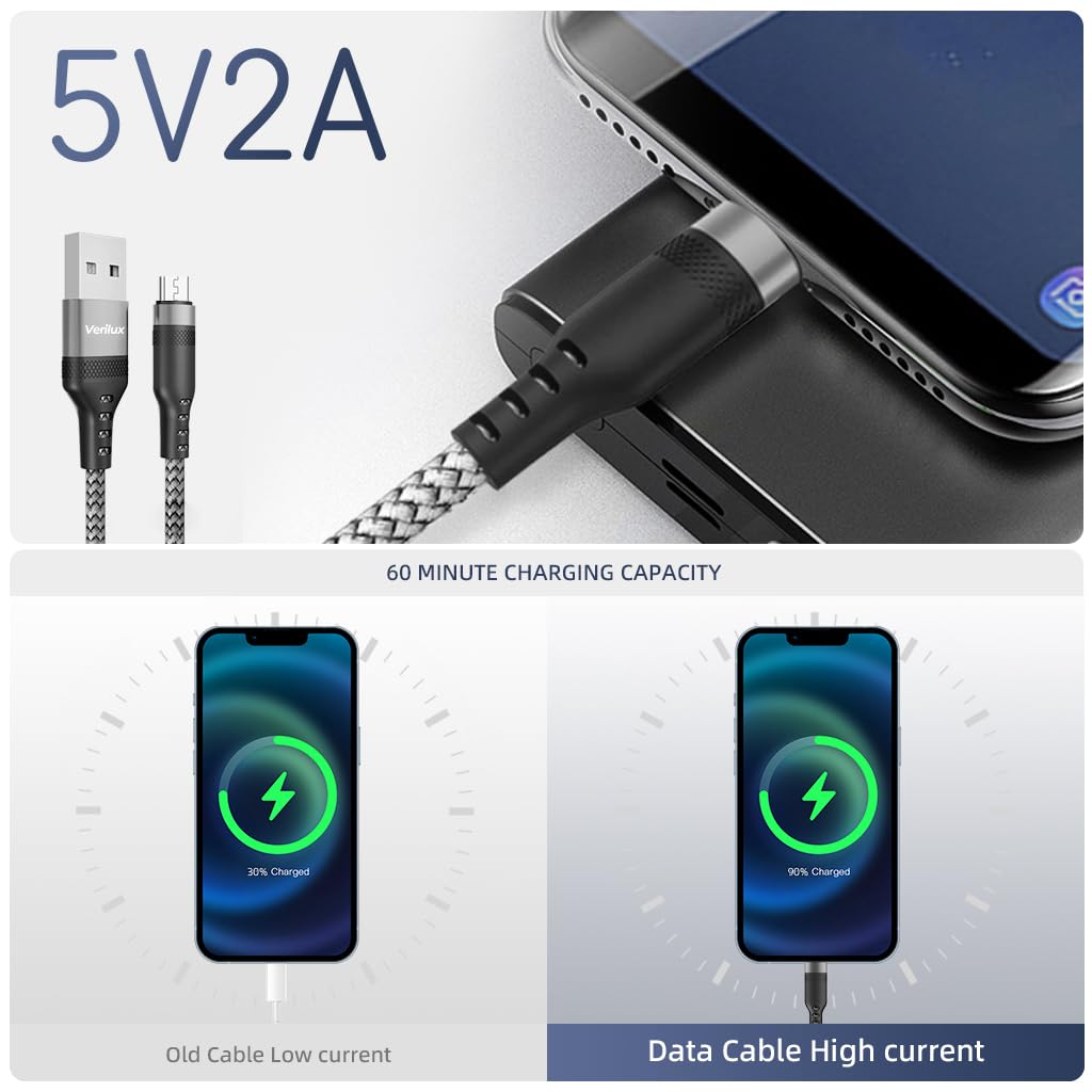 Verilux Micro USB Cable 10ft 3m for Phone and Tablet featuring Fast Charging Nylon Braided | 2PCS