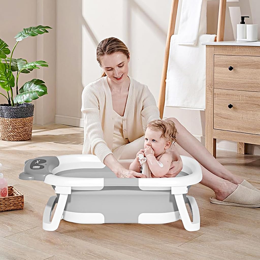 SNOWIE SOFT® Baby Bath Tub Newborns Bathtub for Baby 0 to 3 Years Anti-slip Folding Baby Bathtub with Smart Real-time Temp Digital Display, Cute Bear Back Support Cushion Baby Shower Gifts (Grey)