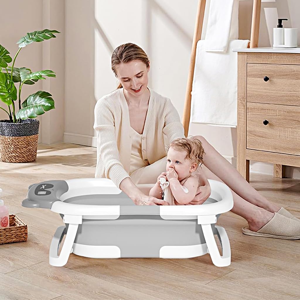 SNOWIE SOFT Baby Bathtub for Newborns with 60.5x43x20.5cm Size and Digital Temp Display | Folding Grey Bath Tub