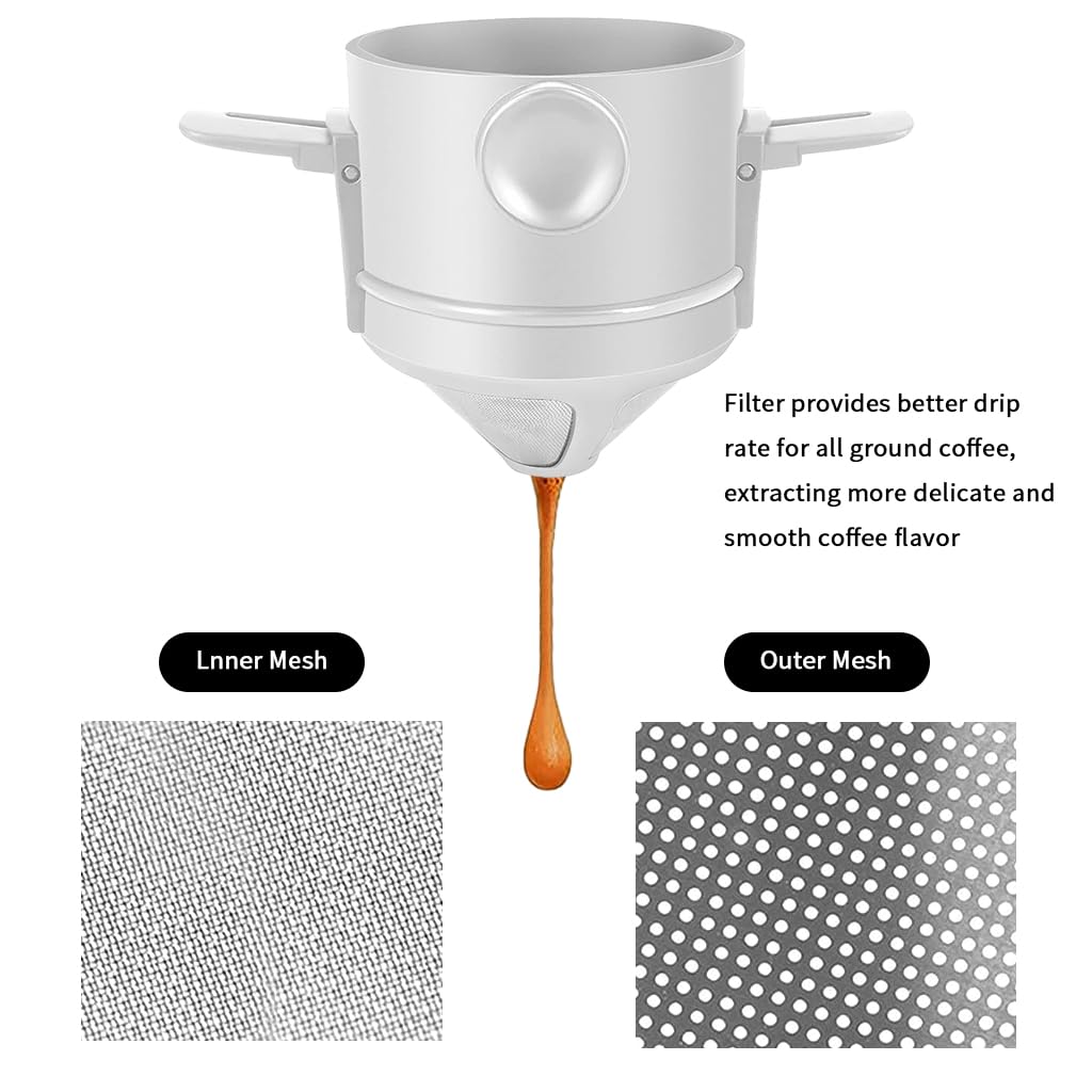 Supvox® Filter Coffee Maker with Bottom Cup Double Mesh Pour Over Coffee Filter Food Grade Stainless Steel & Plastic Coffee Dripper 100% Paperless Foldable Fit Most Cup Keep Coffee Flavour Easy Clean