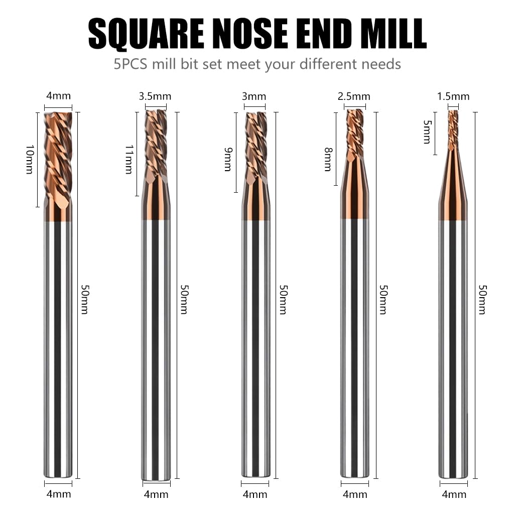 Serplex Carbide End Mill Cutter Set for CNC Machining with 4 Flutes and Tungsten Steel | 5 Pcs