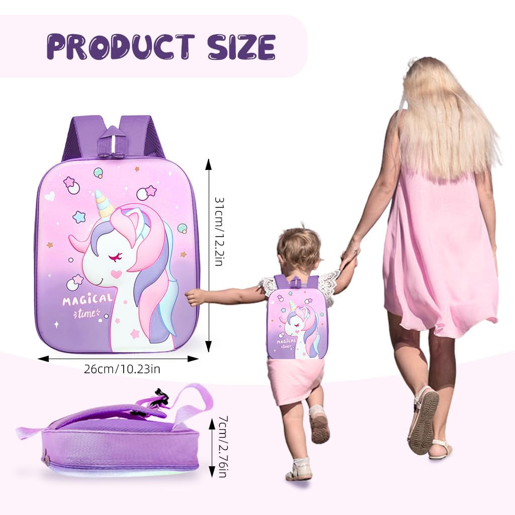 PALAY® Kindergarten Backpack for Girls Purple Unicorn Backpack for School Girls Small Waterproof Bookbag Backpack for Preschool Girls Children's Day Gift School Gift for Girls Age 2-5 Years